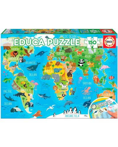 Puzzle Educa de 150 piese - Animals World Map - 1