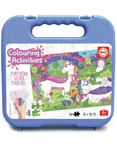 Puzzle de colorat Educa de 100 piese - Unicorns Glitter, cu 8 carioci - 1