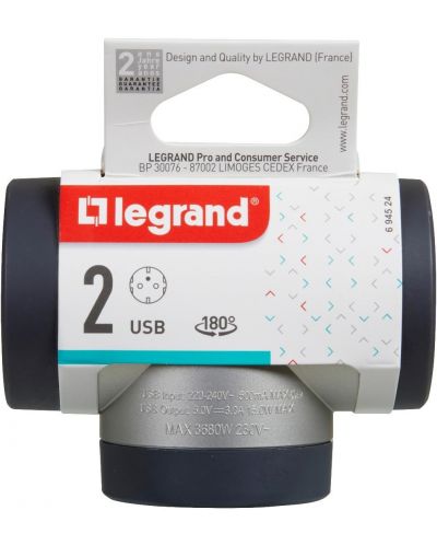 Adaptor Legrand - 694524, 2 prize,în formă de T, USB A+C, rotativ, gri - 6