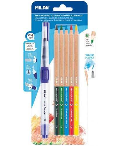 Creioane colorate acuarela Milan - 3.5 mm, 5 culori + pensula - 1
