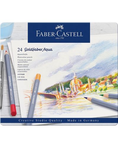 Creioane acuarelabile Faber-Castell Goldfaber Aqua - 24 culori, în cutie metalică - 1