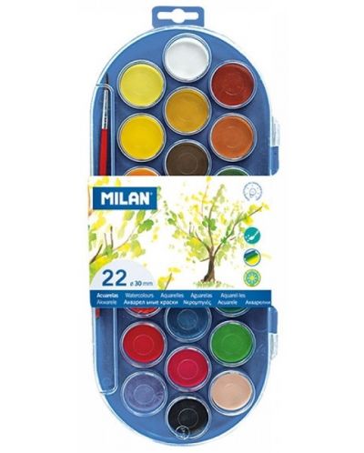 Vopsele acuarele Milan - Ф30 mm, 22 culori + perie - 1