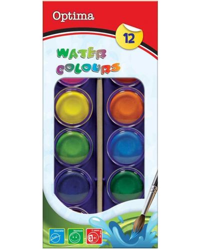 Vopsele acuarele Optima - 12 culori, cu pensula si tub de vopsea alba - 1