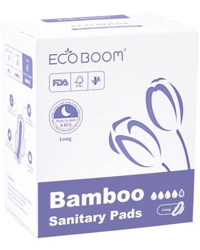 Absorbante biodegradabile din bambus Eco Boom - De noapte, Premium, 8 buc. - 1