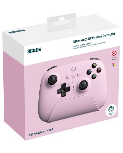 Controller wireless 8BitDo - Ultimate 2.4G, Hall Effect Edition, roz (PC) - 8