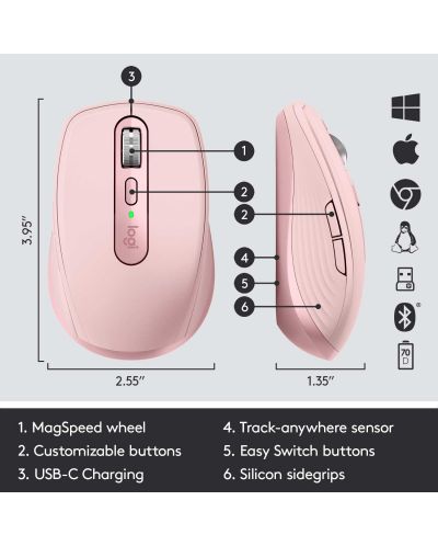 Mouse wireless Logitech - MX Anywhere 3, roz - 7