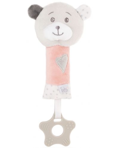 Jucărie de bebeluș cu inel de dentiție Tedsy - Ursulet, 16 cm, roz - 1