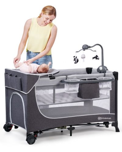 Patut pliabil pentru bebelusi, cu accesorii KinderKraft - Leody Full, Gri - 5