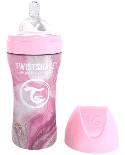 Biberon Twistshake - Marmura roz, inox, 330 ml - 1