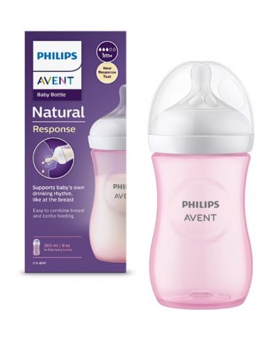 Biberon Philips Avent - Natural Response 3.0, cu tetină 1m+, 260 ml, roz - 1