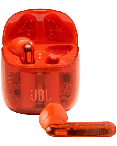 Casti wireless cu microfon JBL - T225 Ghost, TWS, oranj - 1