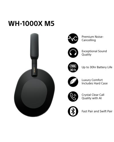 Căști wireless Sony - WH-1000XM5, Hard Case, ANC, negre | Ozone.ro