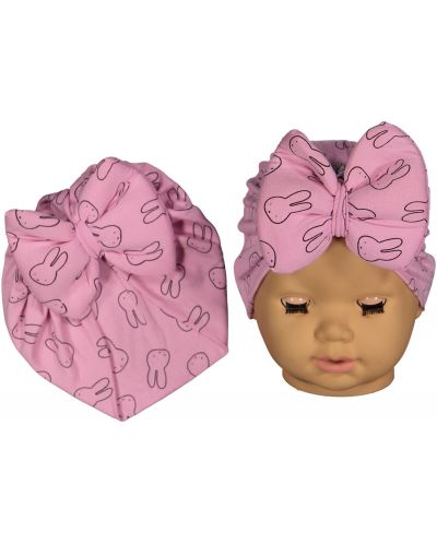 Căciulița pentru bebeluși tip turban NewWorld - Roz cu iepurași - 1