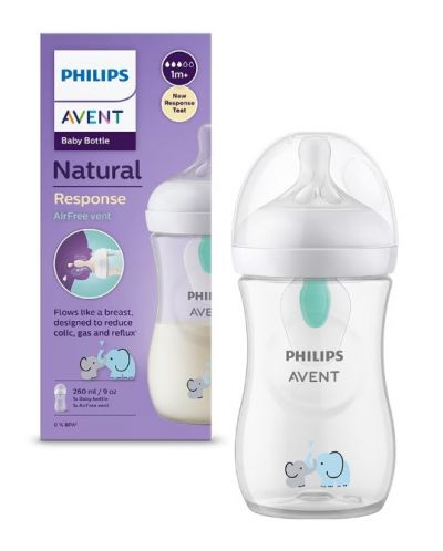 Biberon Philips Avent - Natural Response 3.0, AirFree, 1m+, 260 ml, Elephant - 1
