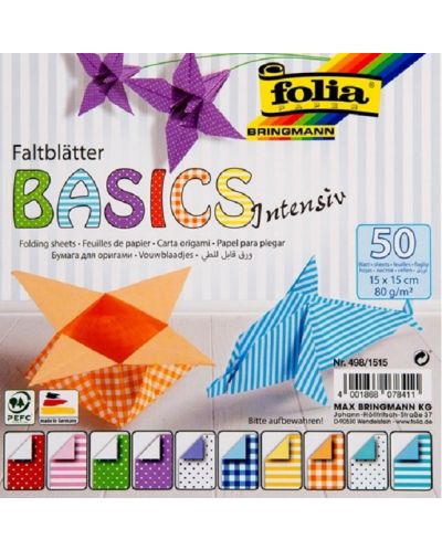Bloc cu hârtii de origami colorate Folia - Basic Intensive, 50 de coli - 1