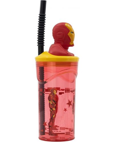 Pahar cu pai și 3D figurină Stor Avengers - Invisible Force, Iron Man, 360 ml - 2