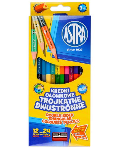 Creioane trunghiulare cu doua capete Astra - 12 bucati, 24 culori, cu ascutitoare - 1