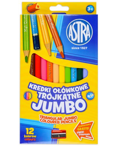 Creioane colorate triunghiulare Astra -Jumbo, 12 culori, cu ascutitoare - 1