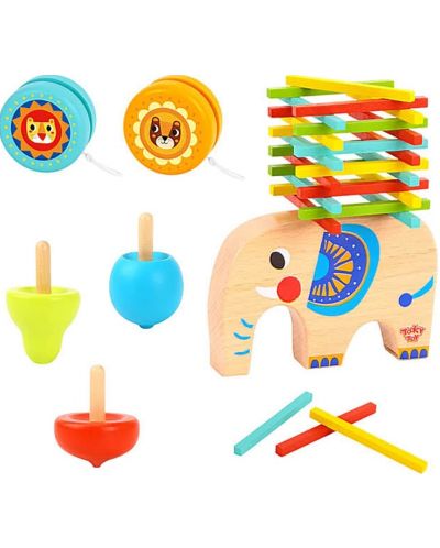 Set din lemn Tooky Toy - elefant pentru echilibru, pompe, yo-yo - 1