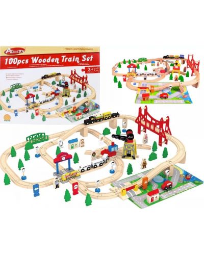 Tren din lemn cu șine și trecere de cale ferată Acool Toy - 100 de elemente - 1