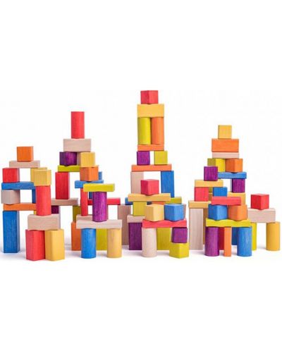 Set de constructie din lemn Woody - blocuri colorate si natural - 2