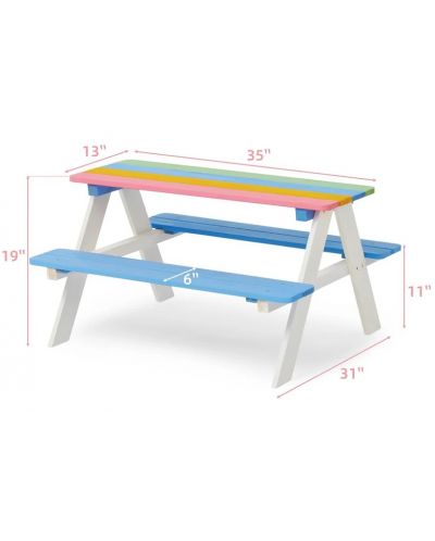 Set din lemn pentru copii Ginger Home - Masă cu bancă pentru picnic, Rainbow - 4