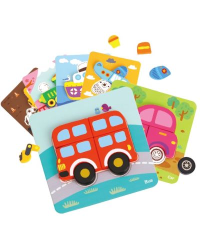 Puzzle 3D din lemn Tooky Toy - Transportation, 6in1 - 1