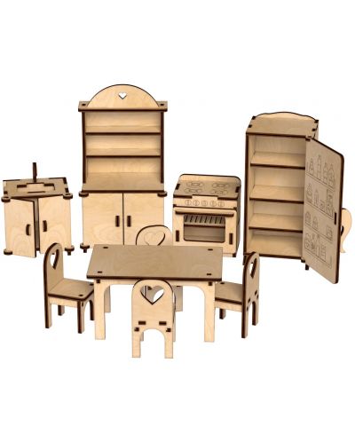 Set de asamblat din lemn Woody - Mobilier pentru papusi, 346 piese - 2