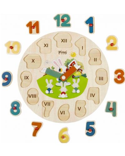 Puzzle educativ din lemn Pino - Ceas cu cifre, iepurasi - 2