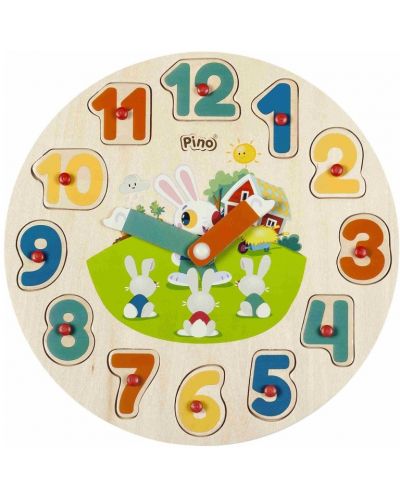Puzzle educativ din lemn Pino - Ceas cu cifre, iepurasi - 1