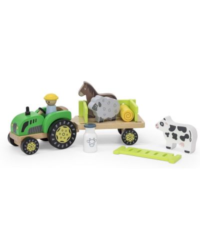 Set din lemn Viga - Tractor cu fermier și animale - 1