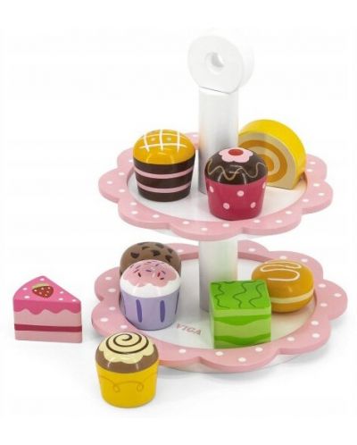 Set din lemn Viga - Cupcakes cu suport roz - 2