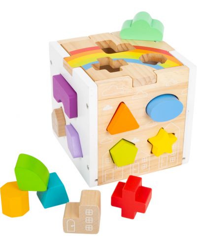 Set de sortare din lemn Small Foot - Cub cu forme geometrice, Rainbow - 1