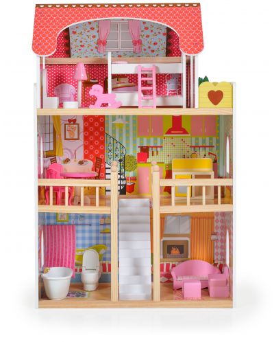 Casa de păpuși din lemn Moni Toys - Emily, cu 17 accesorii - 2
