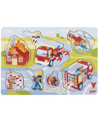 Puzzle din lemn cu mânere Goki - Pompieri în acțiune, 7 piese - 1