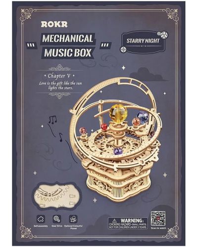 Puzzle 3D din lemn Robo Time de 84 de piese - Cutie muzicală mecanică - Noapte înstelată - 3