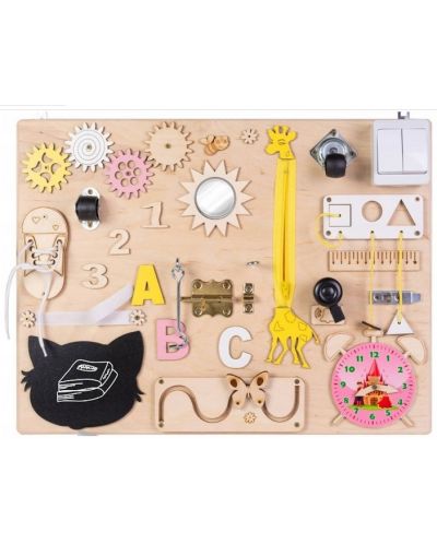 Tablă Montessori din lemn Moni Toys - Cu ceas roz - 1