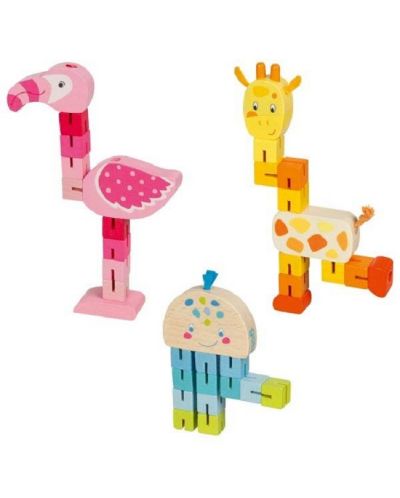 Puzzle din lemn Goki - Girafă, flamingo, caracatiță, asortiment - 1
