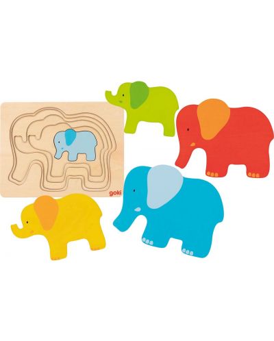 Puzzle din lemn in straturi Goki - Elefanti II - 1