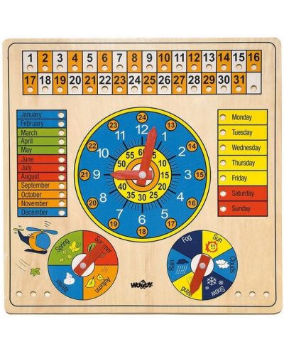 Calendar din lemn cu ceas Woody - Animale, in limba engleza	 - 1