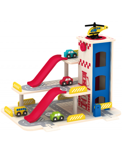 Acool Toy Set de jucării din lemn - Garaj cu trei niveluri cu lift și heliport - 1