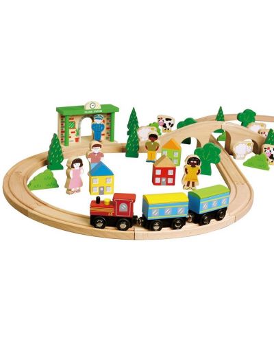 Tren din lemn cu sine Lelin, cu accesorii, 50 piese - 2