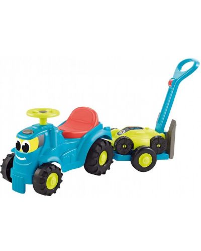 Tractor de impins pentru copii 2 in 1 Ecoiffier - Albastru, cu remorca si cositoare - 1