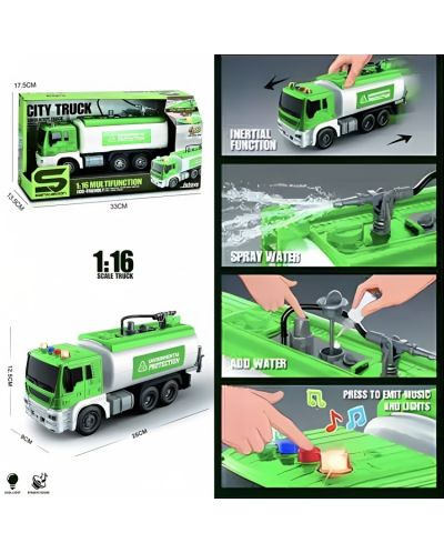 Jucărie pentru copii Raya Toys Truck Car - Purtător de apă, 1:16, cu efecte speciale, verde - 2