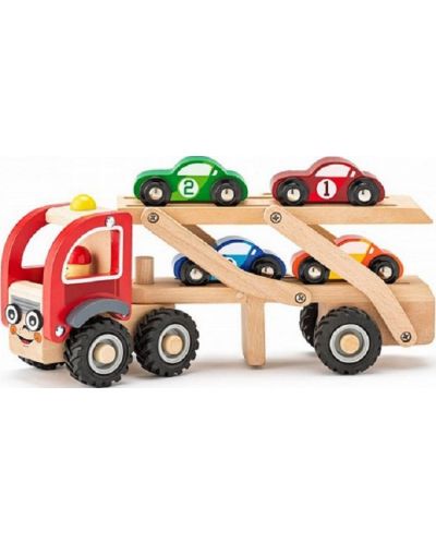 Jucarie pentru copii Woody - Autotransporter cu masini de curse - 1