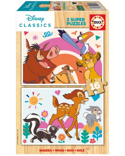 Puzzle de lemn pentru copii Educa din 2 x 16 piese - Animale Disney - 1