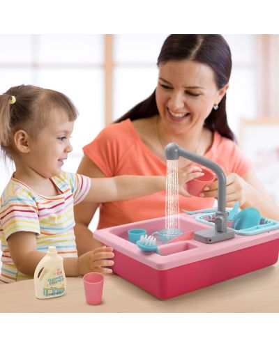 Chiuvetă de bucătărie pentru copii Raya Toys - Cu apă curentă și accesorii, roz - 2