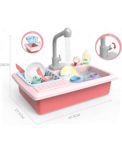Chiuvetă de bucătărie pentru copii Raya Toys - Cu apă curentă și accesorii, roz - 4