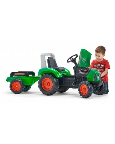 Tractor pentru copii Falk - Supercharger, cu capac care se deschide, pedale si remorca, verde - 3