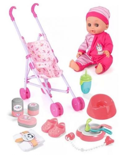 Papusa pentru copii Sonne - cu accesorii și cărucior de păpuși - 1